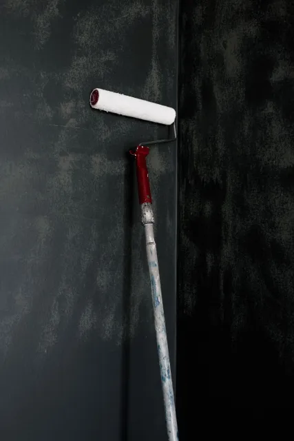 Stock reference: a paint roller against a textured dark wall.