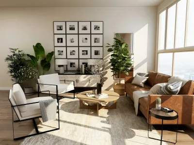 Contemporary living room with coordinated interiors and wall finishes