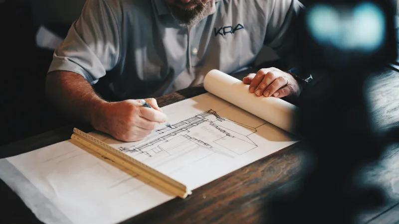 Stock reference: an architectural floor plan being reviewed before building work.